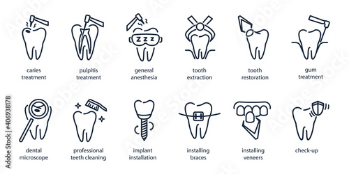 Set of line dentistry icons. Dental flat vector elements.
