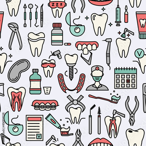 Seamless pattern with line dentistry icons. Dental flat vector elements.