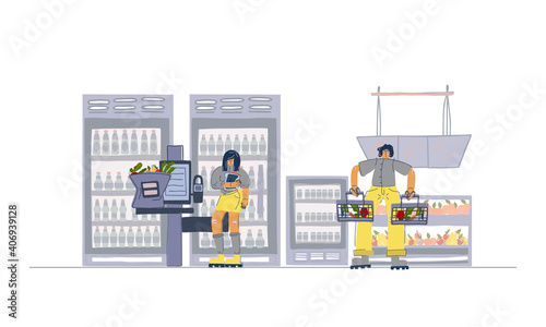 Supermarket, shopping. Young woman use self-service counter. Man with shopping baskets stand in line at the checkout. Vector illustration.