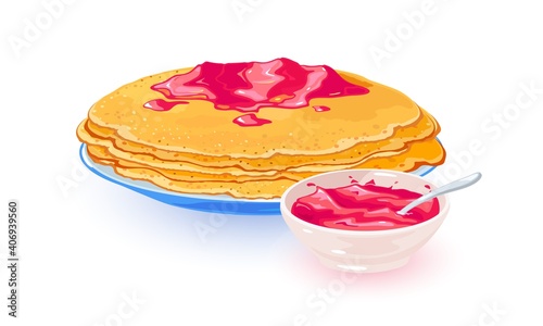 Hot pancakes with raspberry jam served on plate. Vector delicious sweet fruity breakfast, fried crepe with fruit topping, Lunch, nutritious meal idea isolated on white background