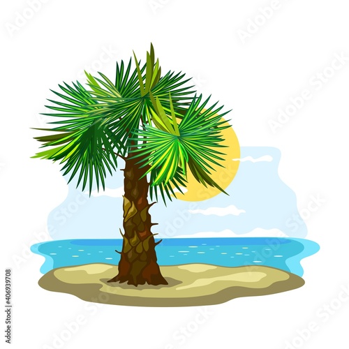 Green leaves and thick stem, azure coast, oasis. Vector sunny weather, sand and boundless ocean, summertime vacation, island landscape design isolated on white background