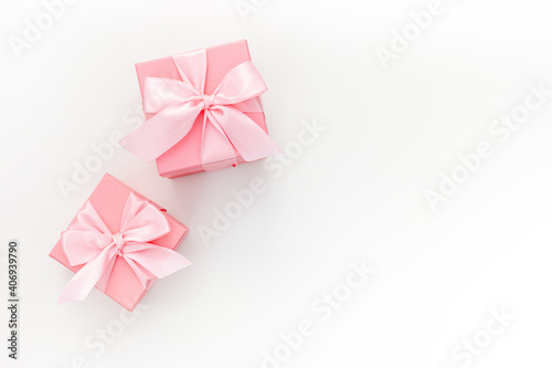 Valentines day composition  two pink gift boxes with ribbon