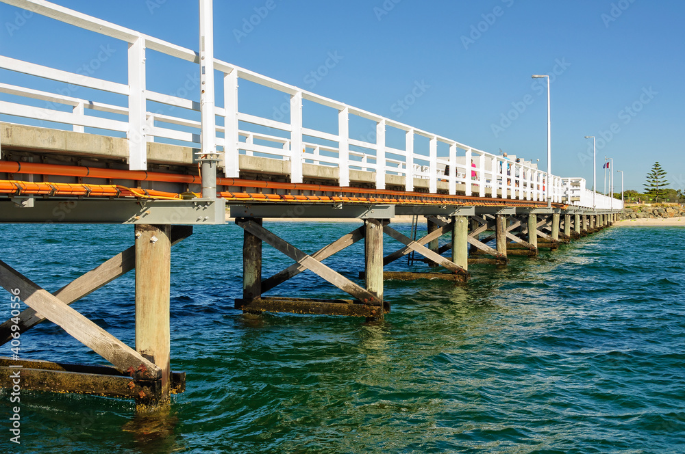 The heritage listed 1.8 kilometers long Busselton Jetty over the waters of Geographe Bay is the longest timber-piled jetty in the Southern Hemisphere - Busselton, WA, Australia