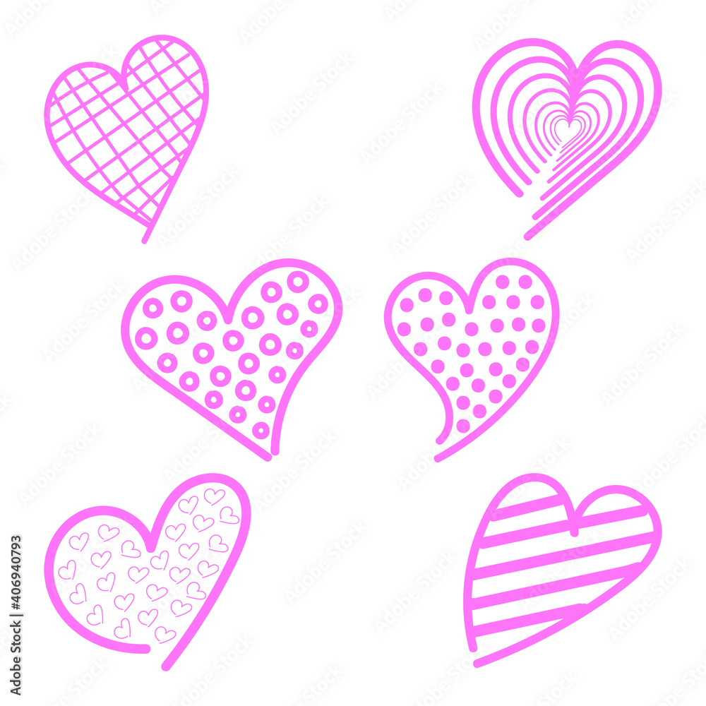 Vector doodle  set of creative pink hearts for Valentine's Day, wedding, dating on a white background. Design element for postcard, wallpaper, wrapping paper, print, textile, poster.