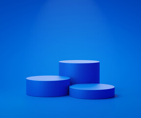 Blue product background stand or podium pedestal on advertising display with blank backdrops. 3D rendering.