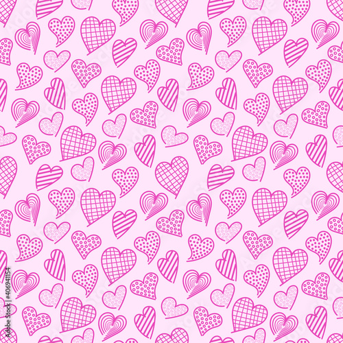 Fototapeta Naklejka Na Ścianę i Meble -  Vector doodle seamless pattern with creative pink hearts for Valentine's Day, wedding, dating on a pink background. Design element for postcard, wallpaper, wrapping paper, print, textile, poster.