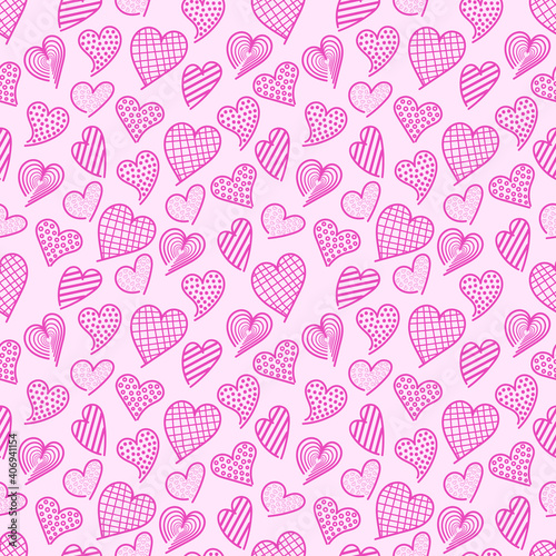 Vector doodle seamless pattern with creative pink hearts for Valentine's Day, wedding, dating on a pink background. Design element for postcard, wallpaper, wrapping paper, print, textile, poster.