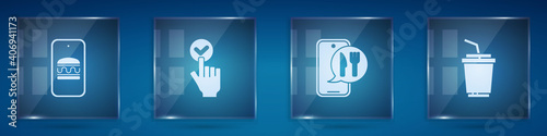 Set Online ordering and delivery, , and Paper glass with water. Square glass panels. Vector.