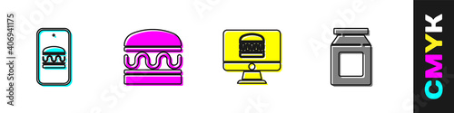 Set Online ordering and delivery, Burger, and icon. Vector.