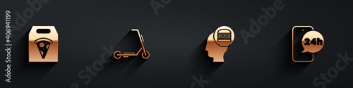 Set Online ordering pizza delivery, Scooter, and and Food icon with long shadow. Vector.