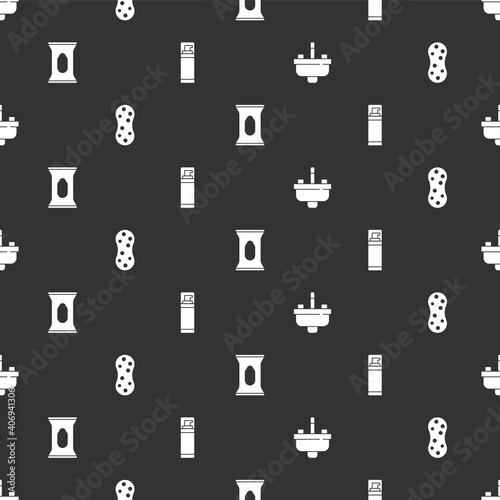 Set Washbasin with water tap, Sponge, Wet wipe pack and Shaving gel foam on seamless pattern. Vector.