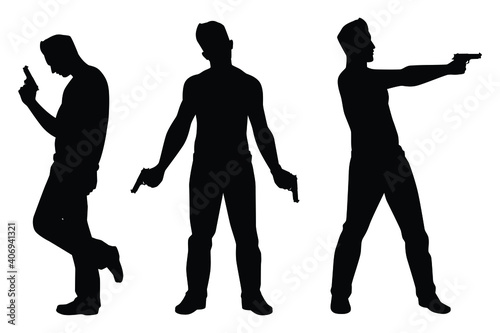 Set of gangster boy with pistol gun silhouette vector on white background