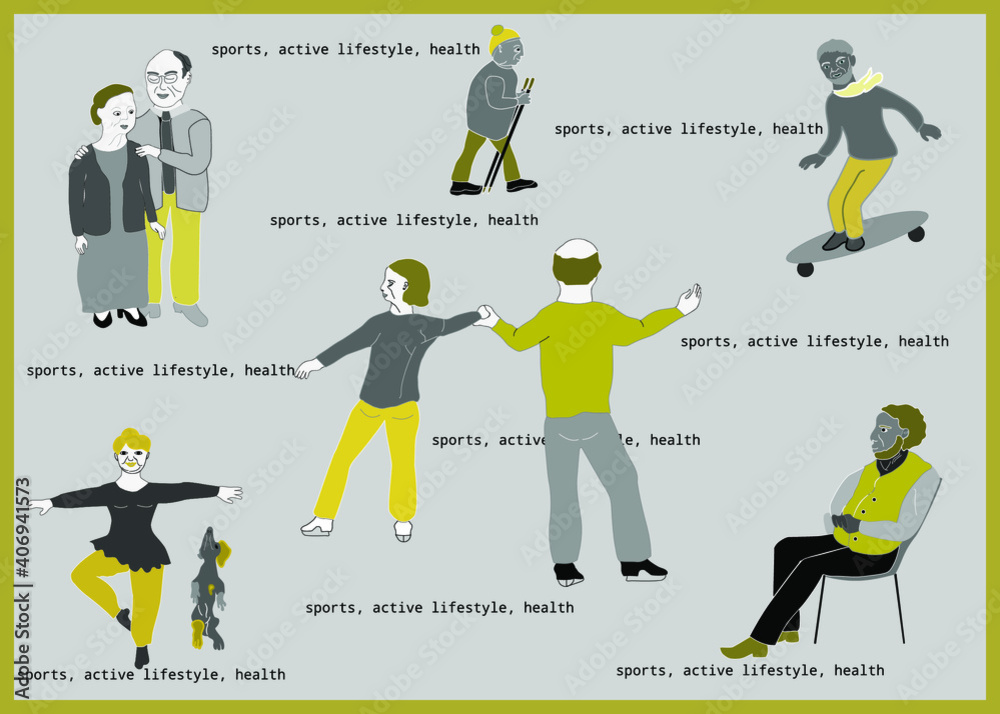 Elderly people playing sports and vacationers.  Active lifestyle.  Vector clip art on gray with shades of yellow. Isolated images of the elderly.
