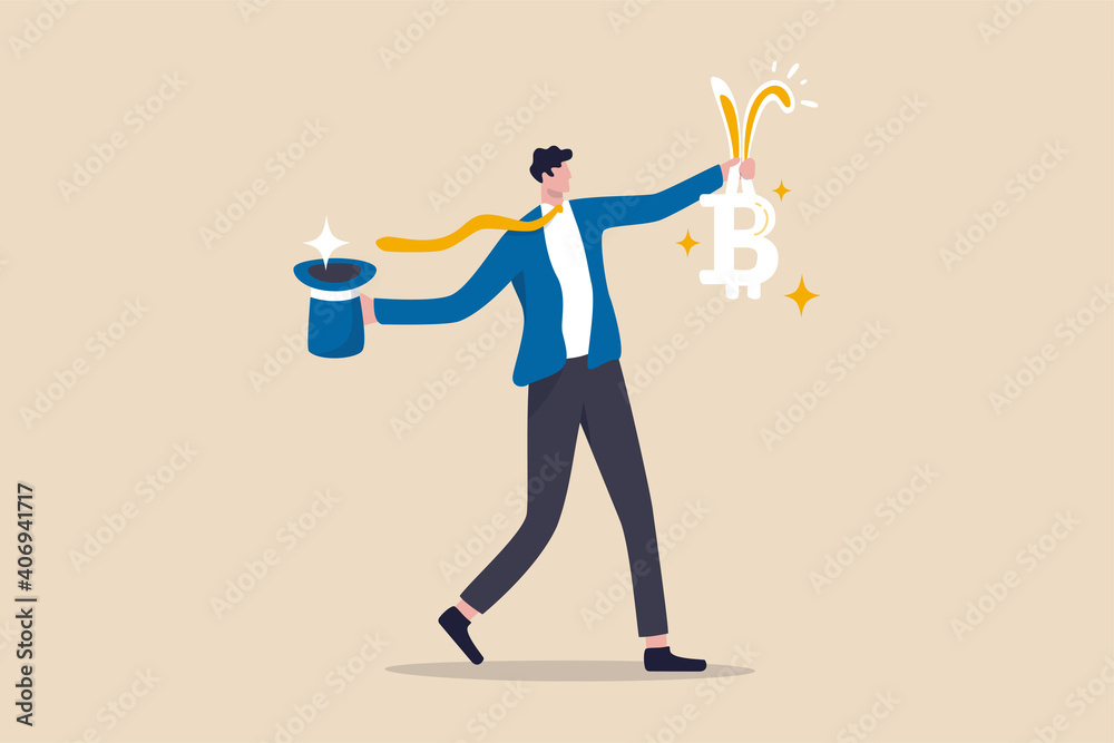 Bitcoin mining, high price bitcoin cryptocurrency concept, businessman successfully pull shiny Bitcoin with rabbit ears from magician hat. Bitcoin mining, high price bitcoin cryptocurrency concept, businessman successfully pull shiny Bitcoin with rabbit ears from magician hat.