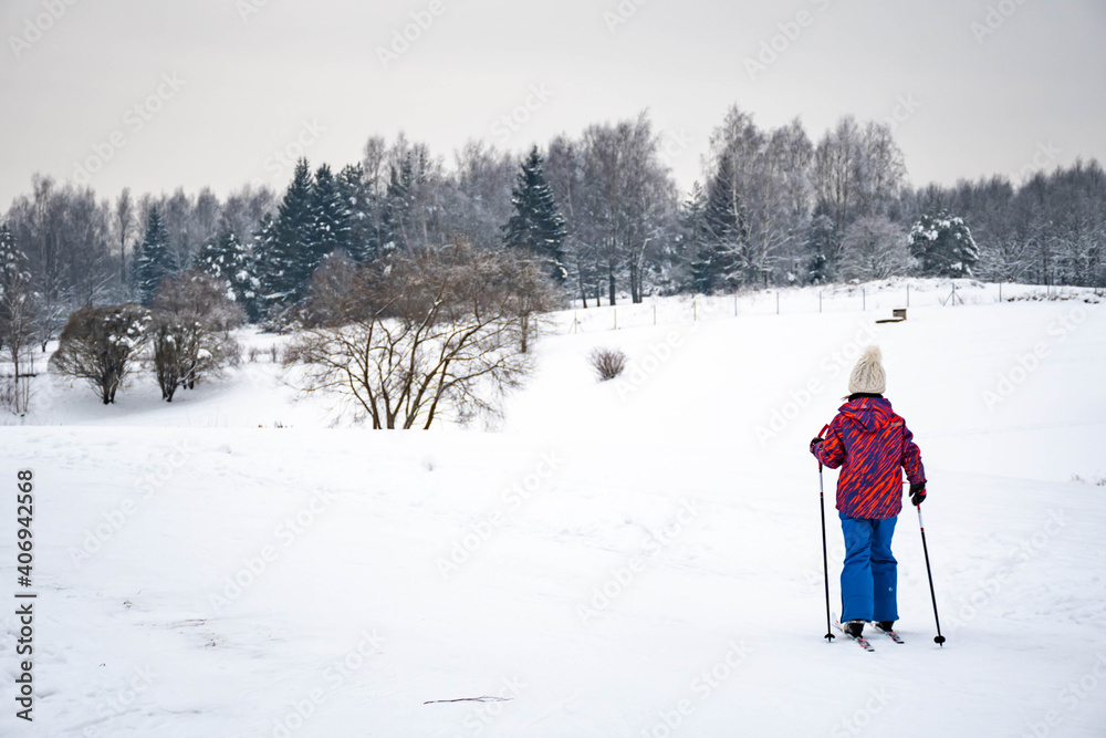 Kid or child skier cross country skiing on a track in beautiful winter wonderland scenery in Lithuania in winter, forest, outdoor sports, healthy lifestyle