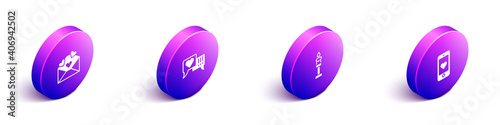 Set Isometric Envelope with Valentine heart, Heart speech bubble, Burning candle and Mobile icon. Vector.