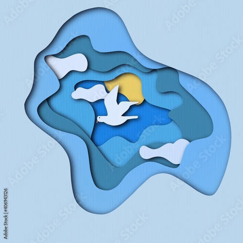 Paper cut out illustration seagull bird in the sky with blue clouds 
