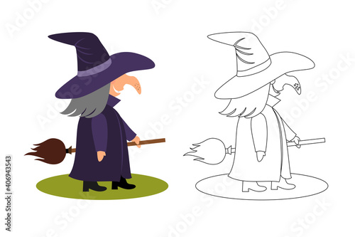 Isolated black outline and colorful cartoon witch on white background. Line art antistress. Page of coloring book. Halloween illustration.