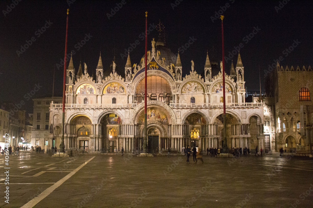 Venice, Italy, January 28, 2020 evocative image of Piazza San Marco with the Basilica at night