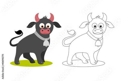 Isolated black outline and colorful cartoon standing bull on white background. Line art antistress. Page of coloring book.