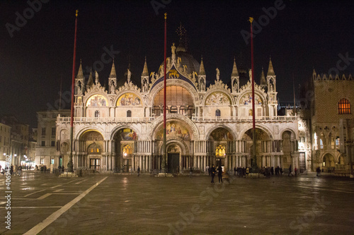 Venice, Italy, January 28, 2020 evocative image of Piazza San Marco with the Basilica at night