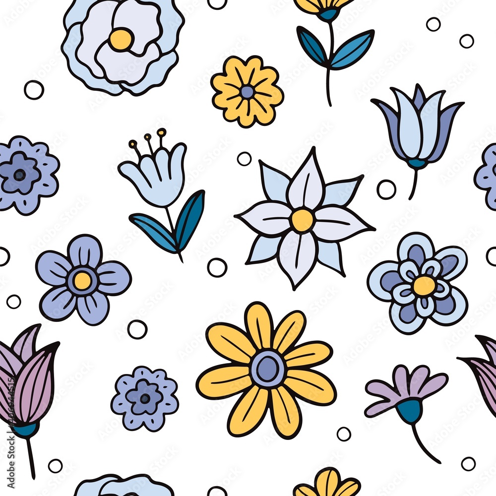 Fototapeta Ręcznie rysowane wzór kwiatów i liści. Ilustracja wektorowa