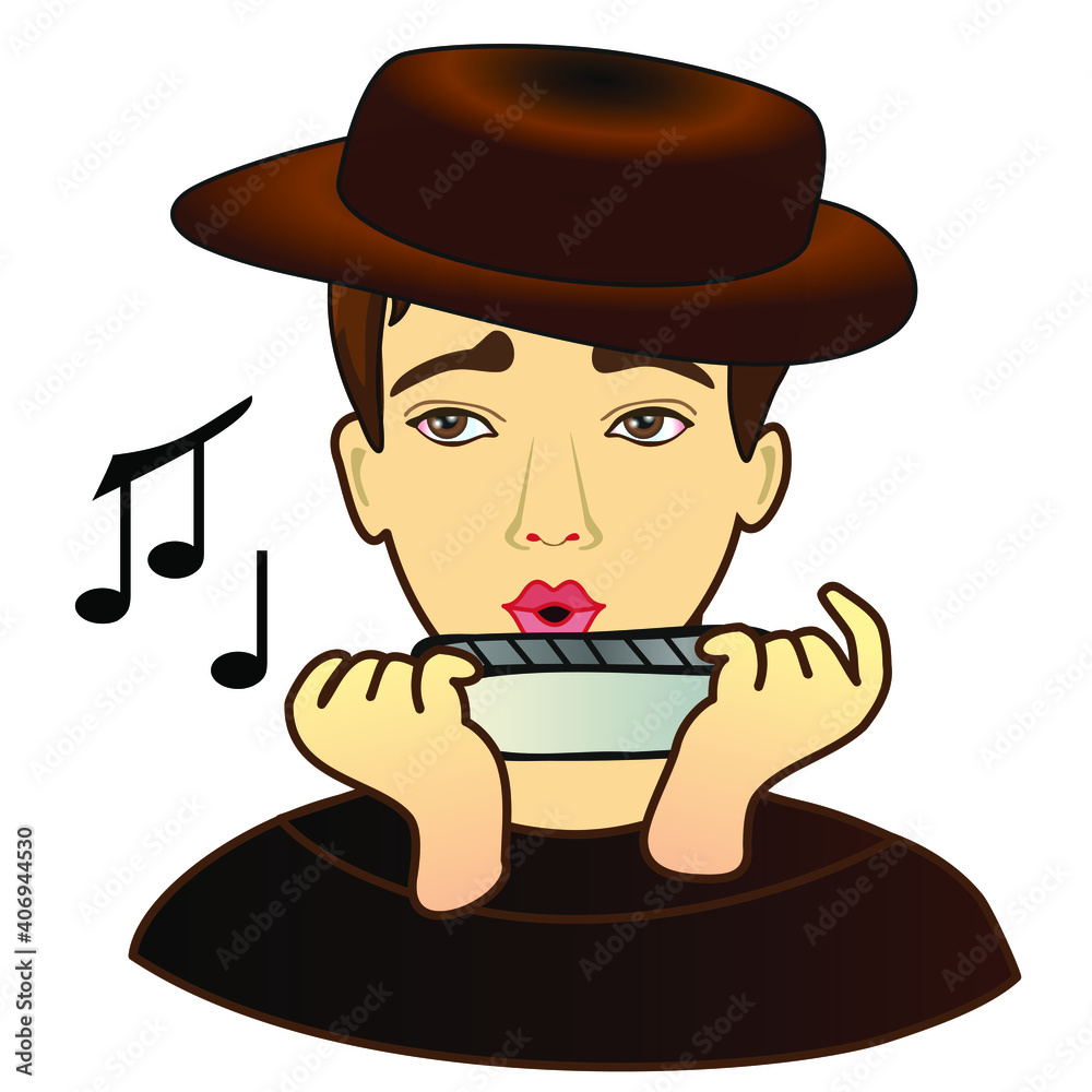 emoji with amateur folk musician playing harmonica using his mouth and