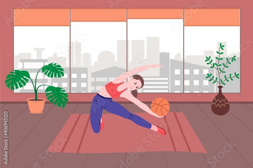Young girl doing sports physical exercises, home workouts and fitness at home during quarantine and lead healthy lifestyle. Flat vector illustration. People, men and women using the house as a gym.