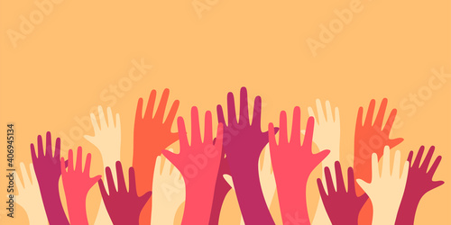 Colorful up hands. Charity teamwork vector concept illustration