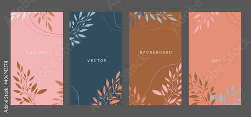 Vector set of abstract botanical backgrounds - vibrant banners with lines and leaves. Suitable for wallpapers, posters, cover design templates, social media stories. 