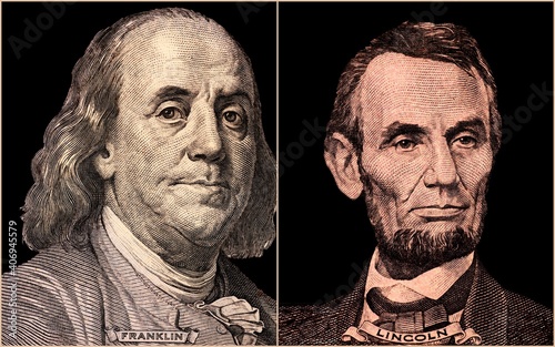 Portrait of U.S. Presidents Benjamin Franklin and Abraham Lincoln photo