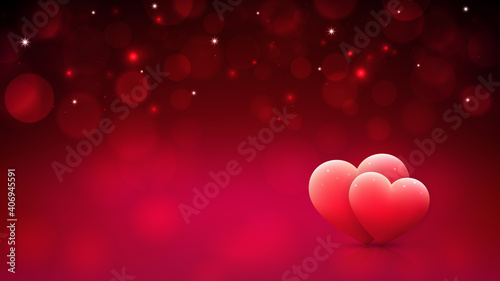 Red bokeh background for valentines day greeting card with pink hearts. Happy valentine day banner. Invitation card with hearts. Love. Decorative design concept. Vector illustration. Sale poster