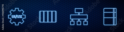 Set line Site map, UI or UX design, Color palette guide and Sketchbook album. Glowing neon icon on brick wall. Vector.