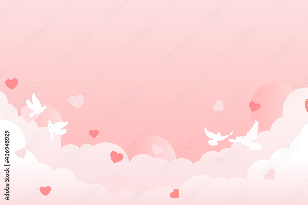 Pink valentine background design with cloud, heart and pigeon. Design for valentine day. Vector illustration.