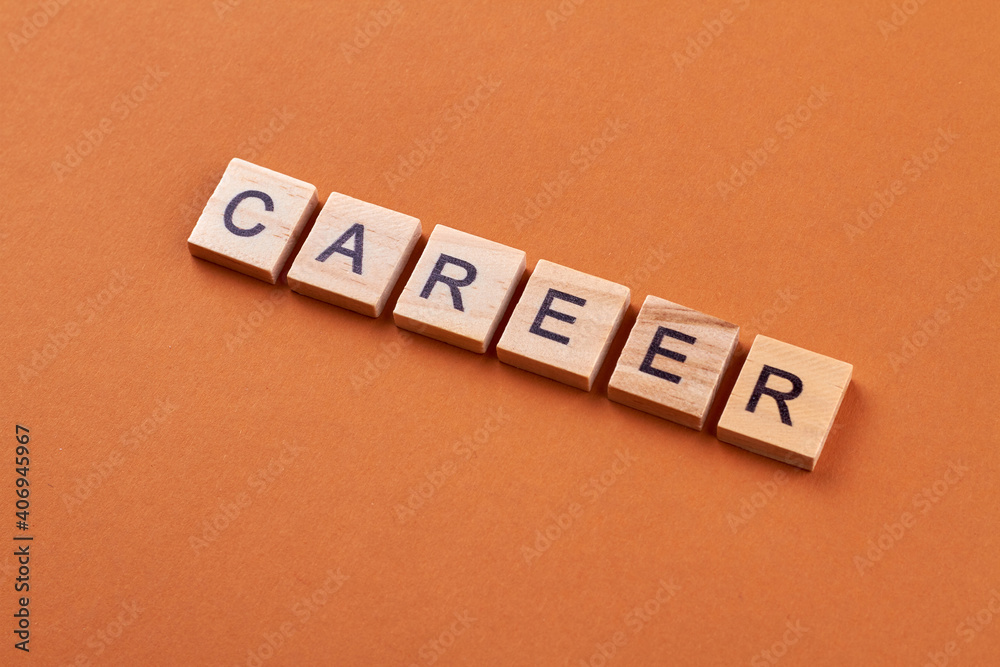 Obraz premium Career word written with wooden cubes. Alphabet blocks with letters isolated on orange background.