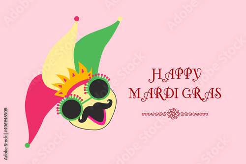 greetings to mardi gras party. comedy funny cartoon mask holiday mardi gras fatty Tuesday , carnival, festival. Vector. for greeting card, banner, gift packaging, poster. 
