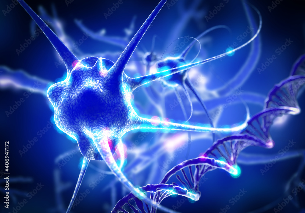 Active nerve cells, 3D illustration - obrazy, fototapety, plakaty 