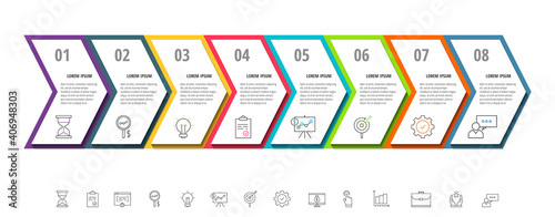 Vector infographic with 8 step, label, numeral, icons. Timeline used for diagram, chart, web, banner, workflow layout, presentations, info graph, timeline, levels, chart, diagram