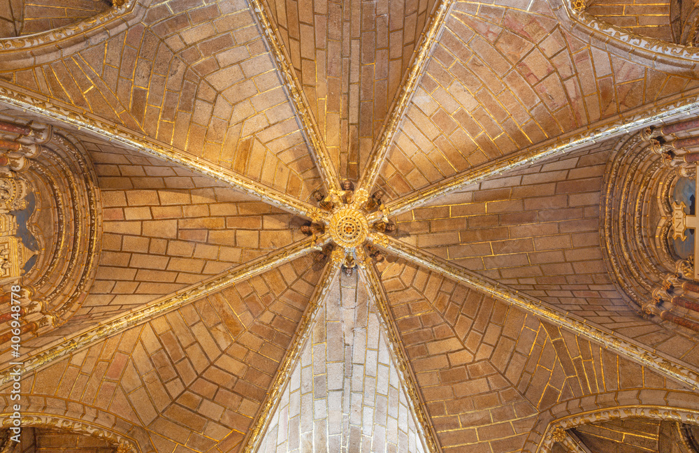AVILA, SPAIN, APRIL - 18, 2016: The gothic ceilng archs of sacristy in the Catedral de Cristo Salvador.