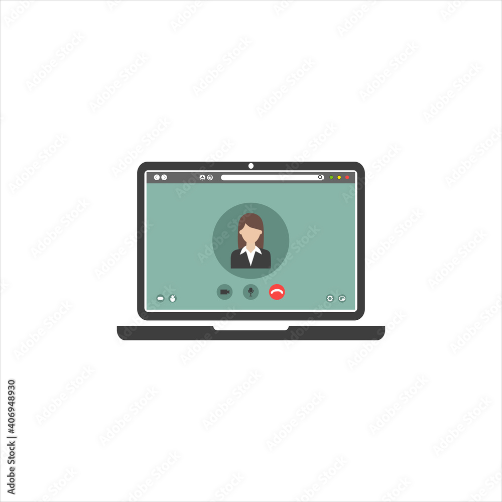 Video call on laptop screen. Laptop with incoming call, profile picture and accept decline buttons. Modern flat design graphic elements. Creative concept. Vector illustration