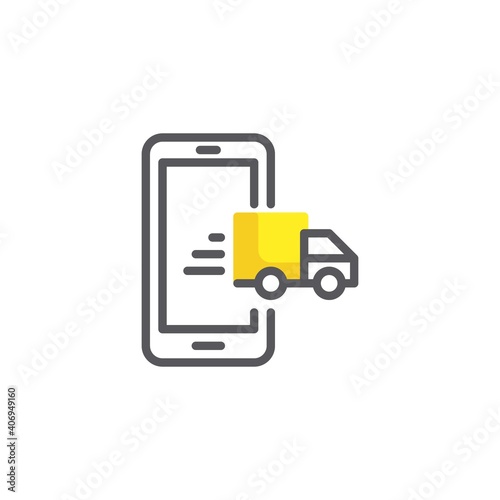 Online delivery service line icon. linear style sign for mobile concept and web design. Mobile phone with delivery truck outline vector icon. Symbol, logo illustration. Vector graphics