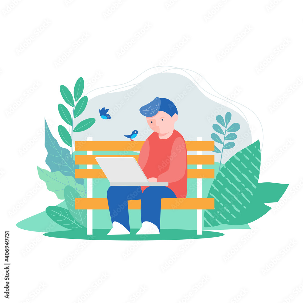A teenager sits with a laptop on a bench in a park surrounded by foliage, nature, birds. A character in a flat vector style.