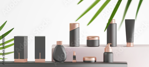 Set of realistic luxury cosmetic products mockup. beauty product container collection with natural tropical podium scene presentation vector
