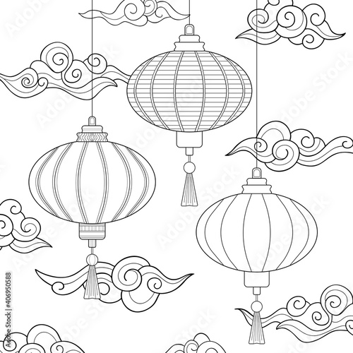 Line drawn Asian lanterns with simple geometric patterns, decorative clouds and sky on white isolate background. For coloring book pages.