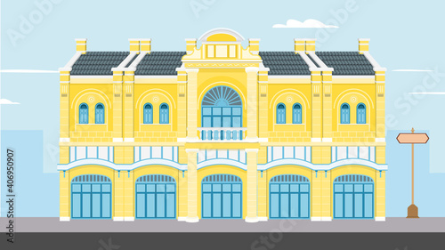 Thai Vintage building vector illustration.Goverment buildings on street flat design.Old historic building in Bangkok.Classic house on raod with city background