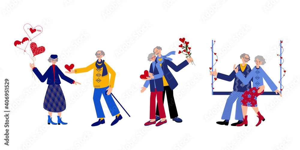 Naklejka premium Senoirs' couple love and care about each other. Old man and woman are hugging, gifting presents, swinging and are happy being together. Cute postcard on the Valentine's day.