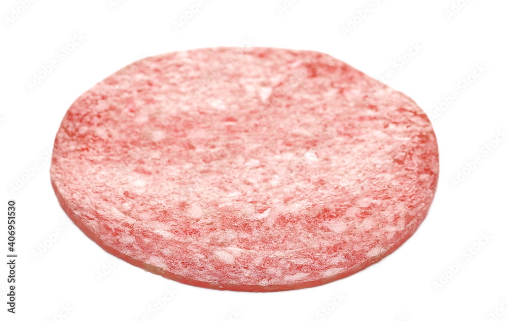 Salami slice for sandwich isolated on white background, round fermented red meat pieces