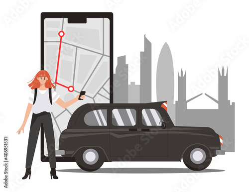 Calling for taxi in phone app, car and device screen. Flat design illustration. Vector
