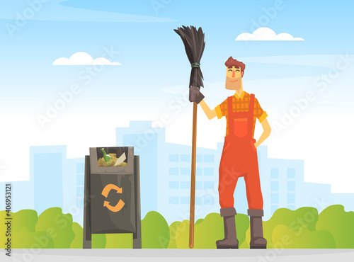 Male Janitor with Broom, Street Cleaner Man in Orange Uniform Cartoon Vector Illustration