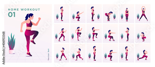 Women Workout Set. Women doing fitness and yoga exercises. Lunges, Pushups, Squats, Dumbbell rows, Burpees, Side planks, Situ ps, Glute bridge, Leg Raise, Russian Twist, Side Crunch .etc